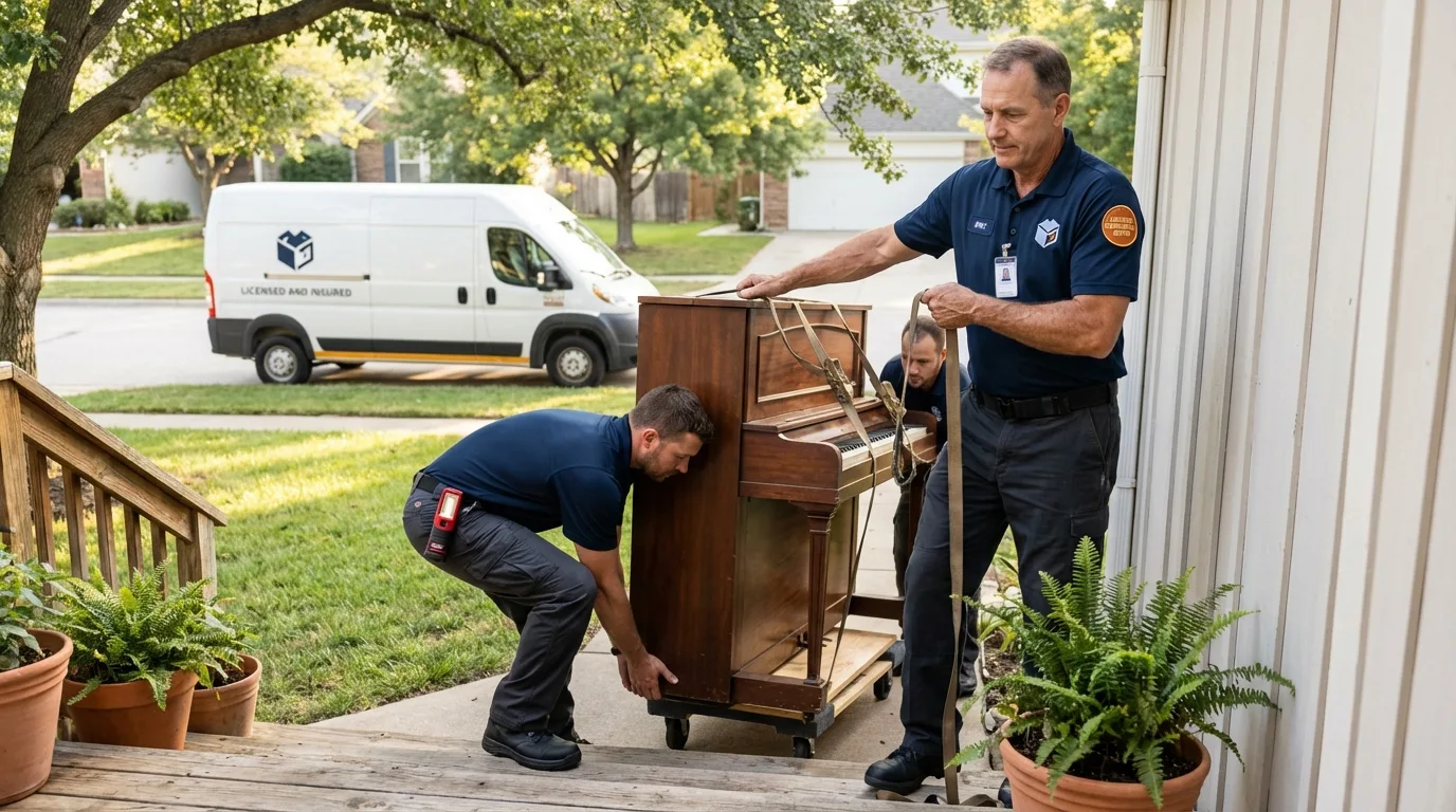 Licensed piano movers securing grand piano in Southwick, MA