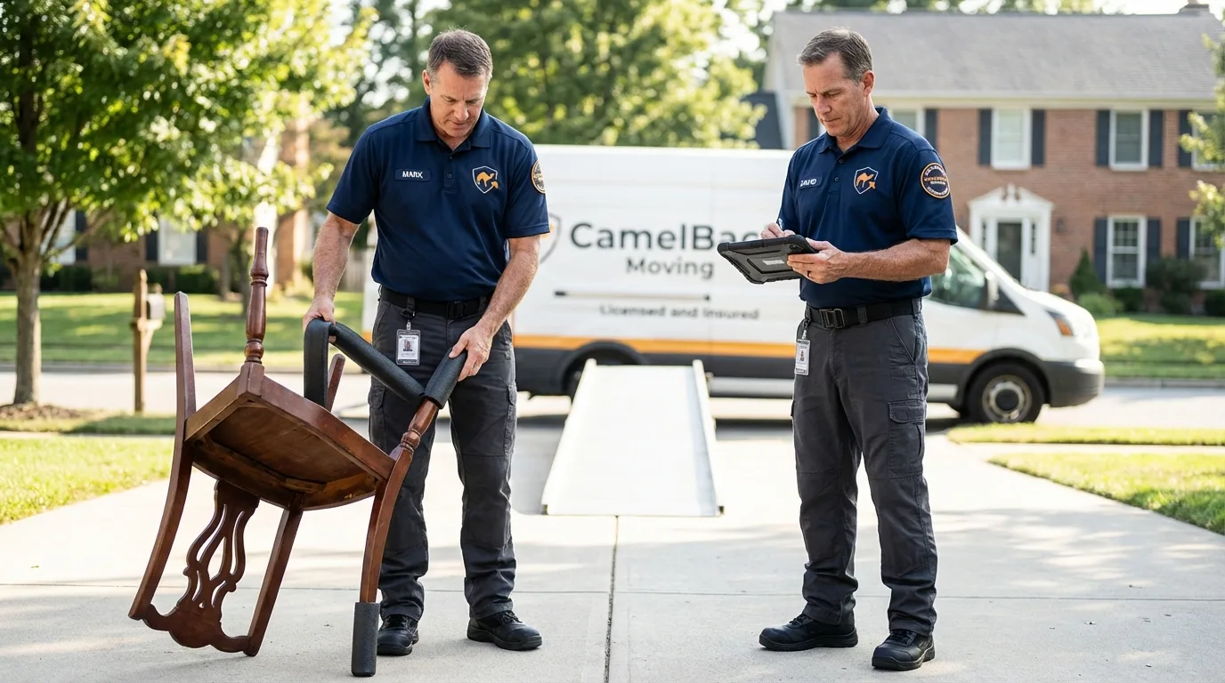 Movers inspecting furniture for damage prevention before loading in Southwick, MA