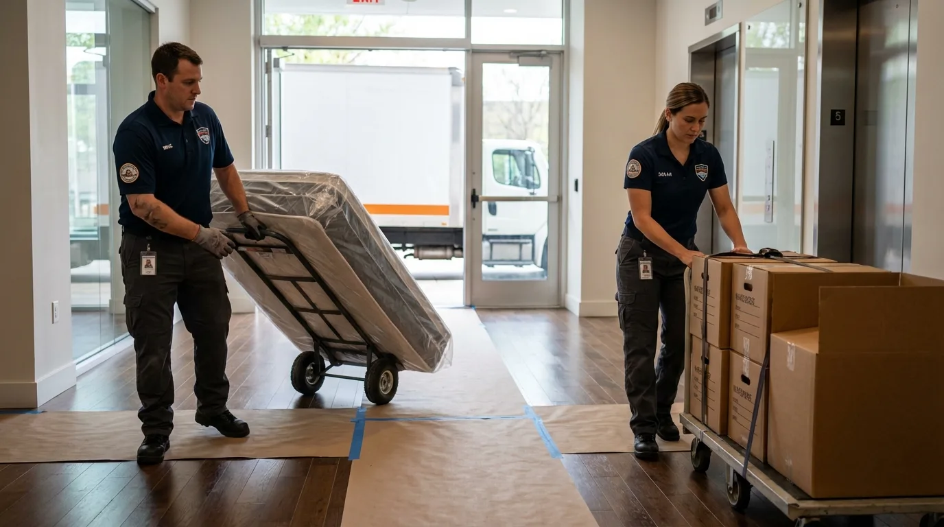 Professional apartment movers loading elevator in Southwick, MA