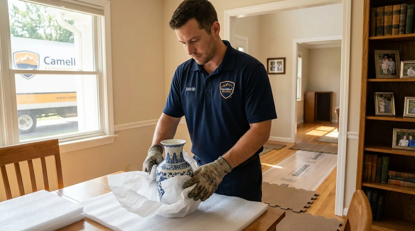 Professional crew carefully wrapping antique vase for senior downsizing move in Southwick, MA