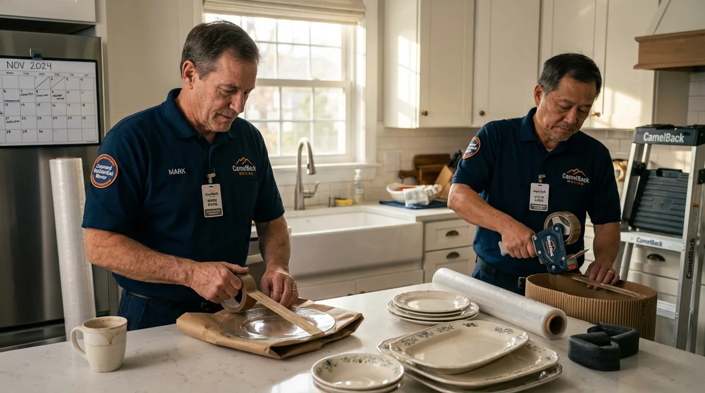 Professional crew packing kitchen dishware in Southwick, MA